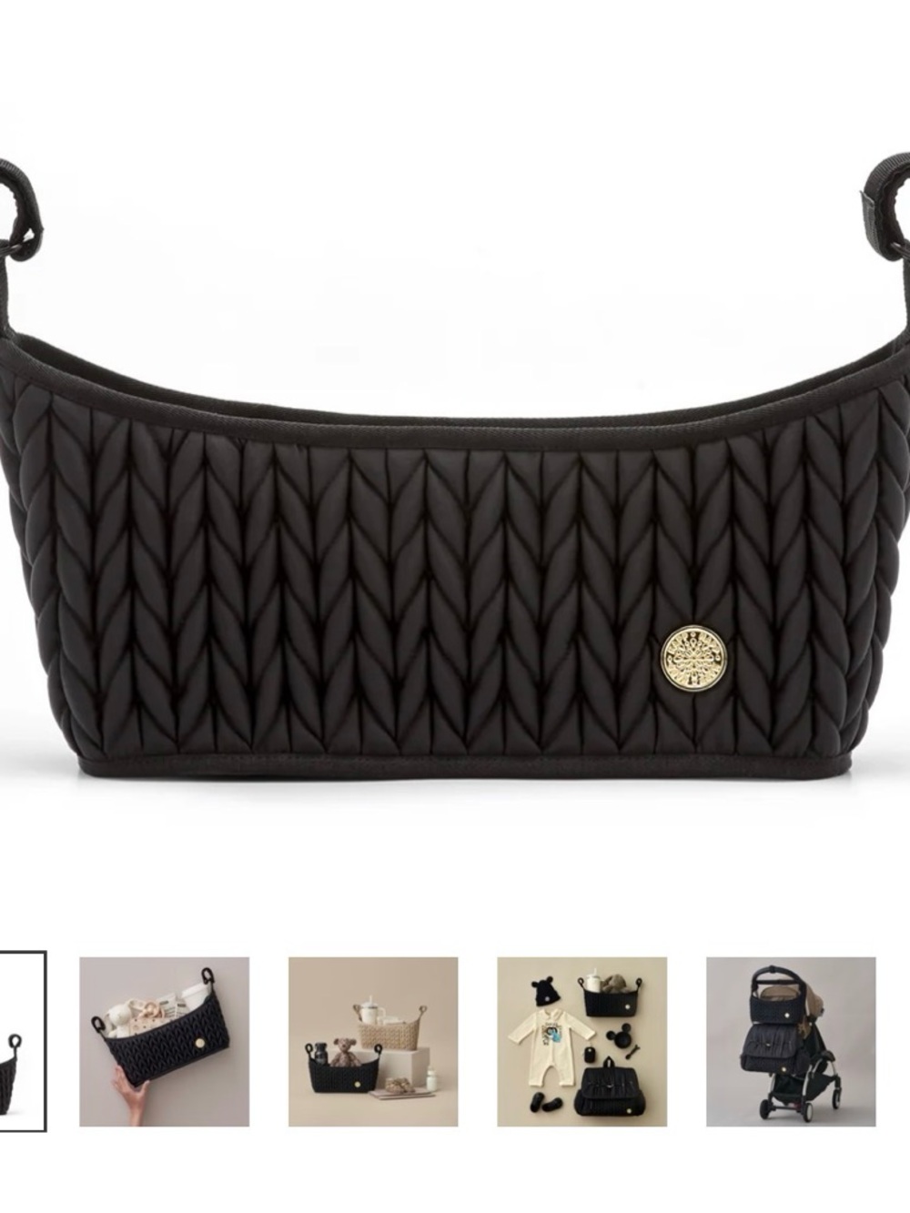 HAPP Essential Stroller Organizer in Black Quilted Herringbone with Gold Accent